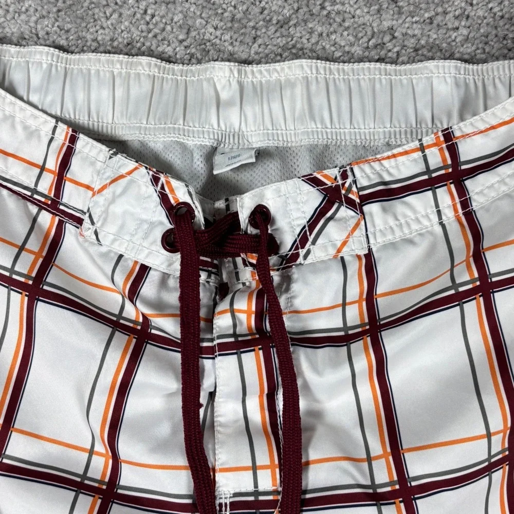 Old Navy Mens Plaid Swim Trunks Board Shorts White Orange Burgundy Size L‎